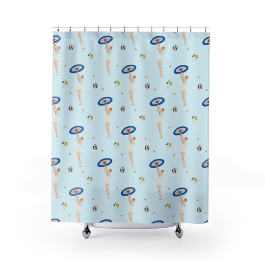 Art Deco Shower Curtain | Vintage Fashion Swimsuit Themed Bathroom Decor 71"x74" Curtains