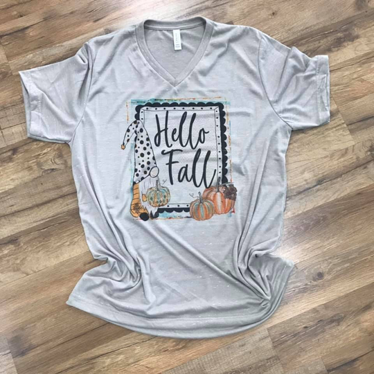 What Better Way To Celebrate Fall Than A Stone Marble Vneck Bella Canvas Tee With Cute Gnome Pumpkins in Sublimation Design?