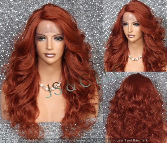 Brownish Copper Red Human Hair Blend Lace Front Wig Full Long Curly With Bangs Heat Safe Cancer Alopecia Theater