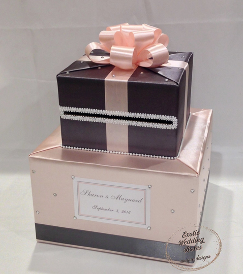 Blush Pink & Charcoal Gray Card Box-Rhinestone/Pearl Accents