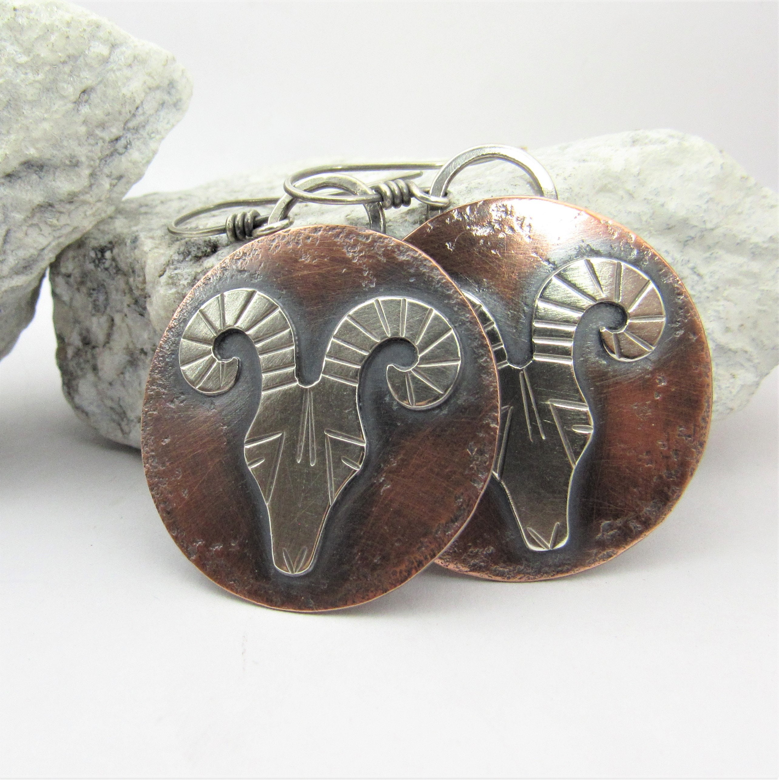 Mixed Metal Rams Head Earrings, Copper & Argentium Sterling Silver Aries Earrings