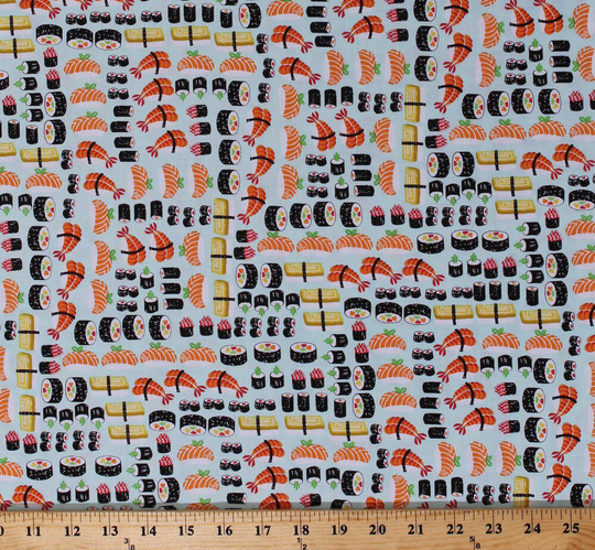 Cotton Sushi Food Japanese Cuisine Seafood Fish Aqua Fabric Print By The Yard | Food-C5244-Sushi D469.12