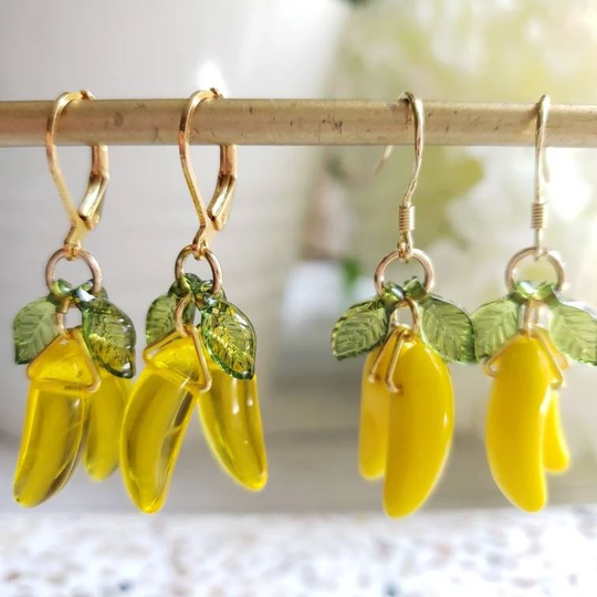 Banana Earrings, Glass Banana Drop Food Fruit Earrings