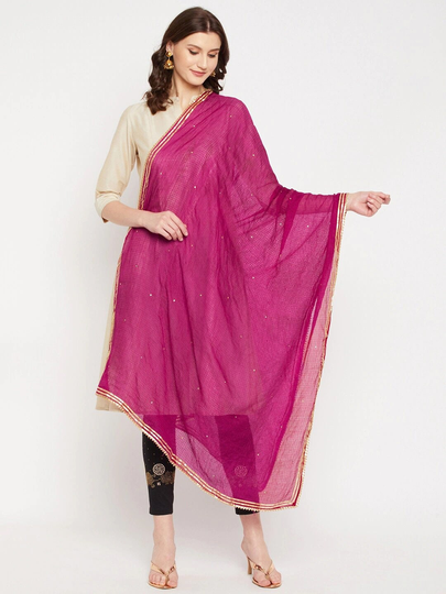 Women's Cotton Blend Magenta Geometric Solid Dupatta Gotta Patti Embellished Border Free Shipping