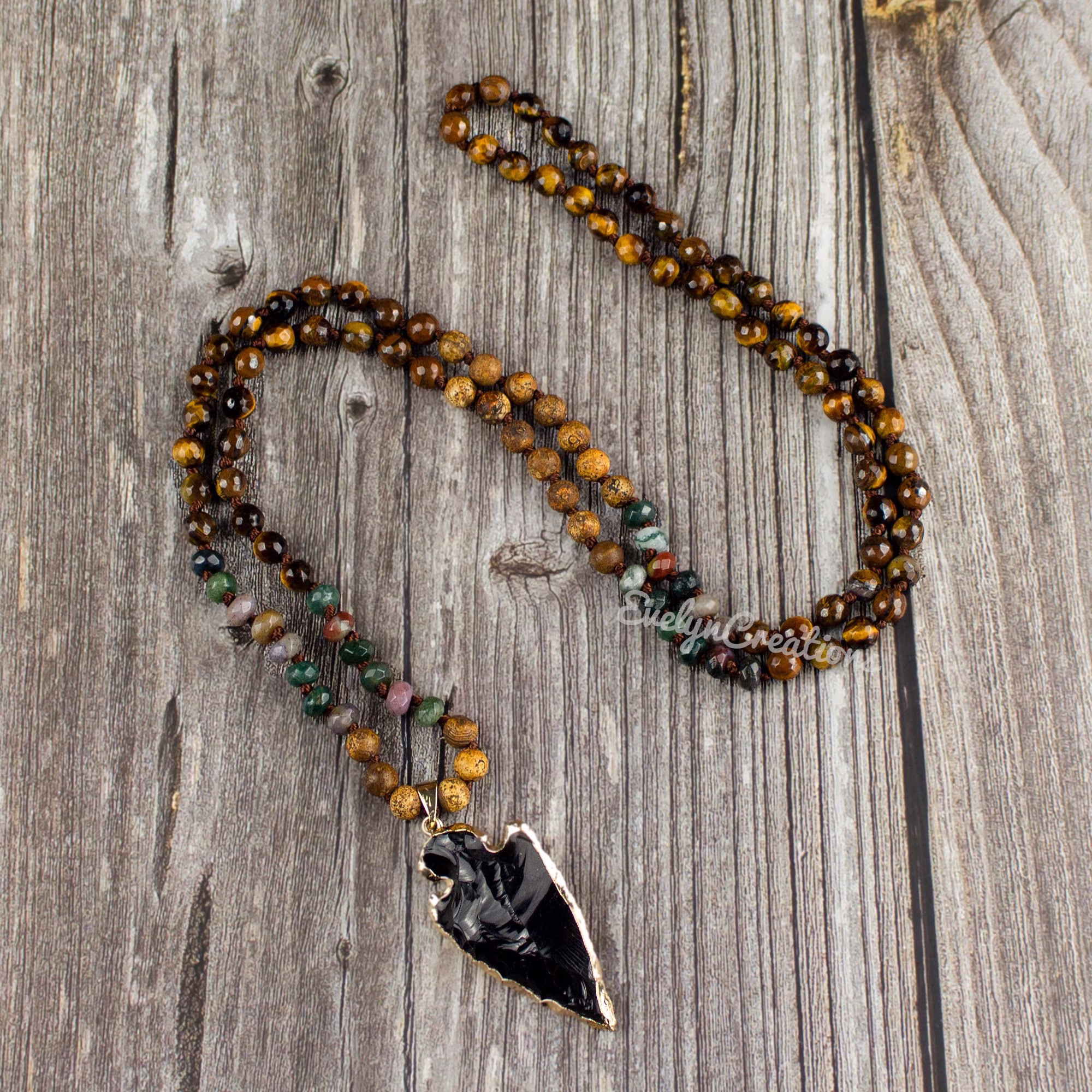 108 Beads Mala Necklace-Black Obsidian Pendant Necklace-Grounding Healing Meditation Tigers Eye Necklace-Natural Stone Arrowhead Necklace