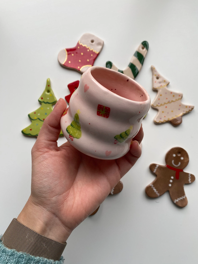 Handmade Pink Christmas Themed Ceramic Mug