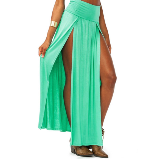 Women Cotton Blend Sexy Trends Double Slits Open Rayon Knit Long Maxi Skirt - Green