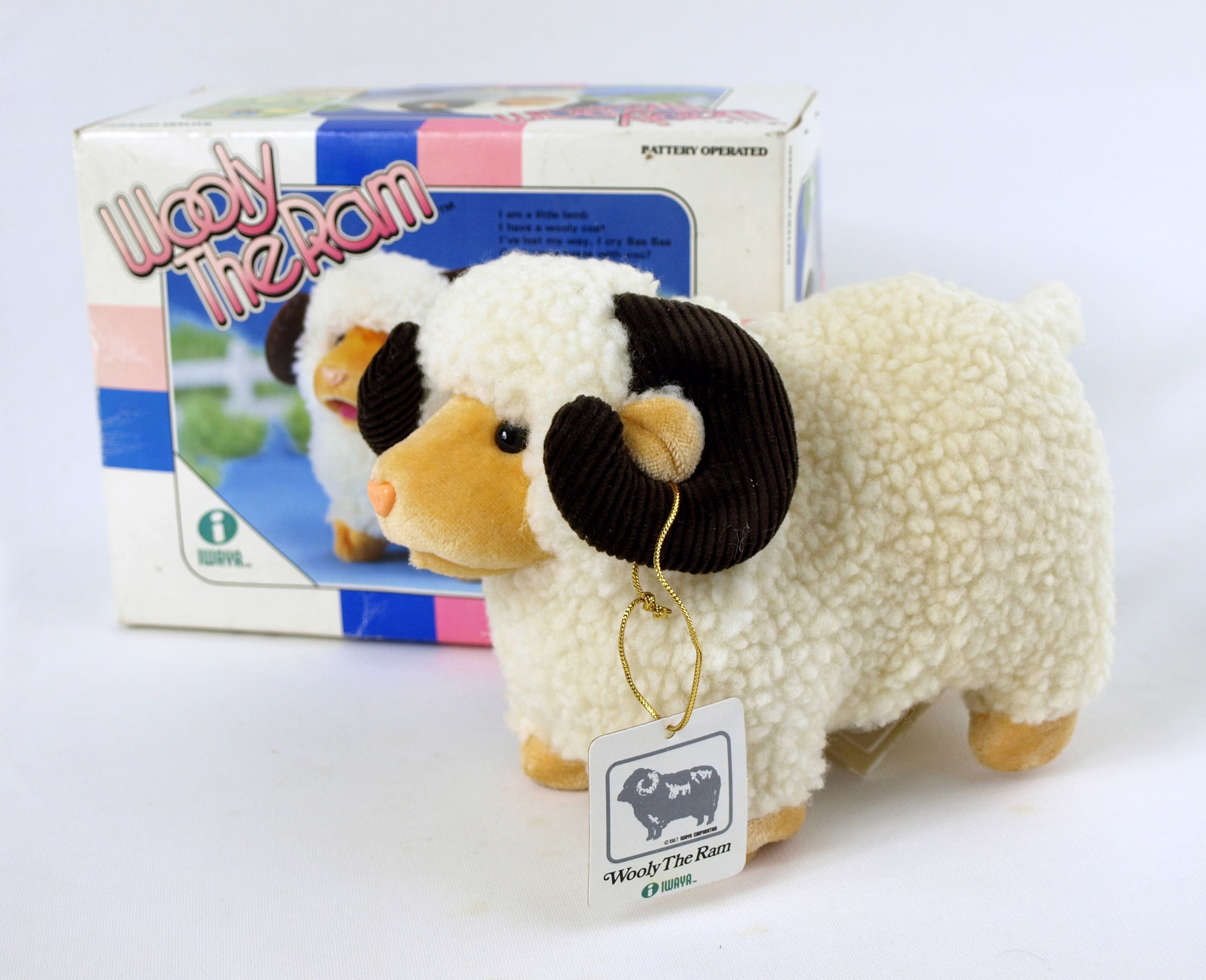 Vintage 1987 Wooly The Ram Battery Operated Toy By Iwaya Corp With Original Box - Not Working Moving Plush Animal