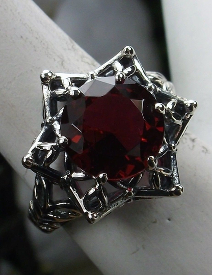 Ruby Ring/ Solid Sterling Silver/ 4Ct Round Simulated Red Ruby, Star Design, Gothic Jewelry [Custom Made]Design#121