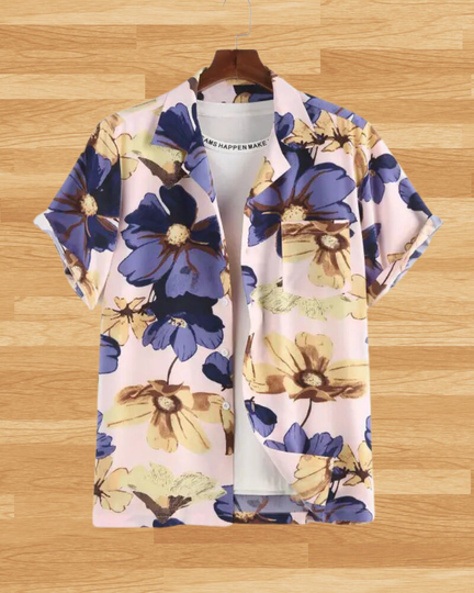 streetwear Shirt Button Up Short Sleeve Down Best Friend Gift For Women Wild Flowers Purple