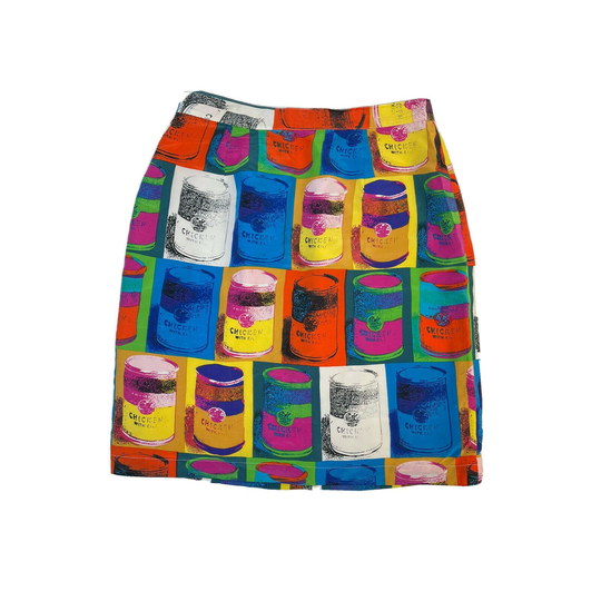 90S Streetwear Womens 10 Rainbows Campbells Chicken Soup Print Silk Skirt, Vintage Rainbow Pencil Skirt