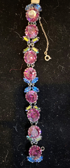 Vintage 50S Purple Amethyst With Blue Rhinestone Bracelet Marked Austria