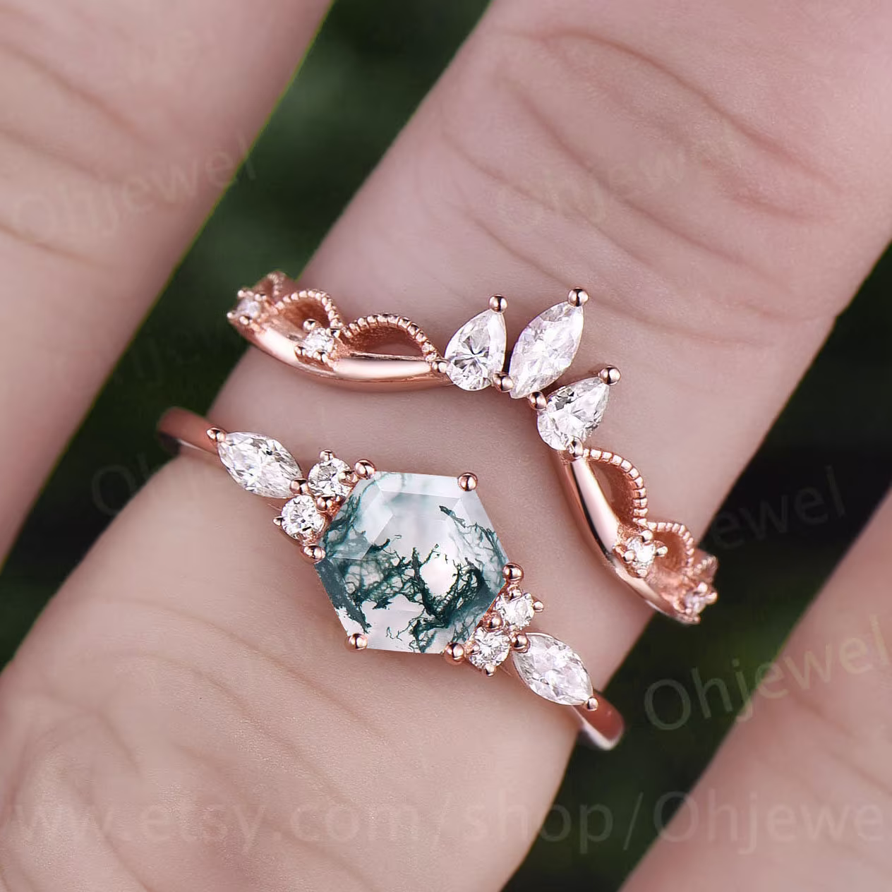 Hexagon Moss Agate Engagement Ring Set Art Deco Vintage Rose Gold Silver Dainty Moissanite Women Birdal