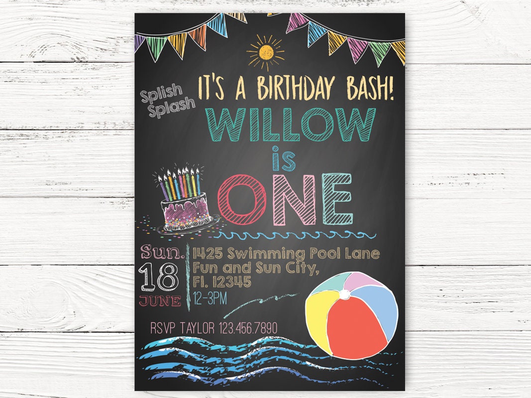 Beach Ball Pool Party 1st Birthday Invitation, Summer Invite, C126