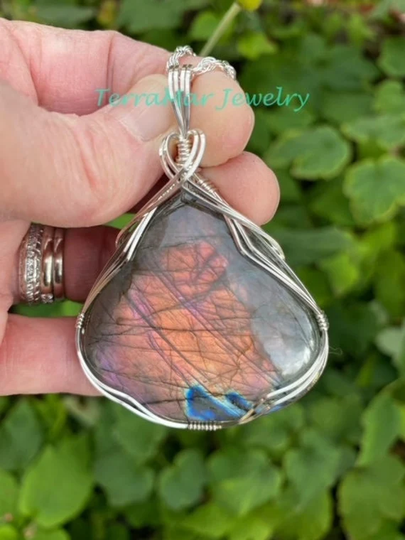 Labradorite, Wire Wrapped Labradorite Pendant, Necklace, Multi Color Gemstone Jewelry, Gift For Her, Argentium