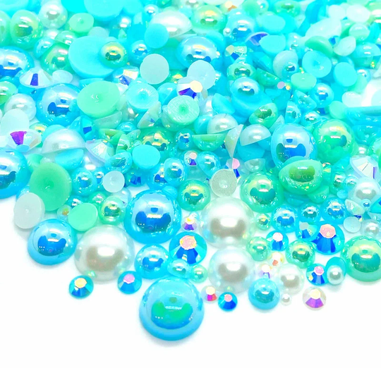Caribbean Blend Rhinestone Mix 2mm-10mm Flatback Jelly Resin | Faux Pearls Rhinestones Mixed Sizes, Blue Green White