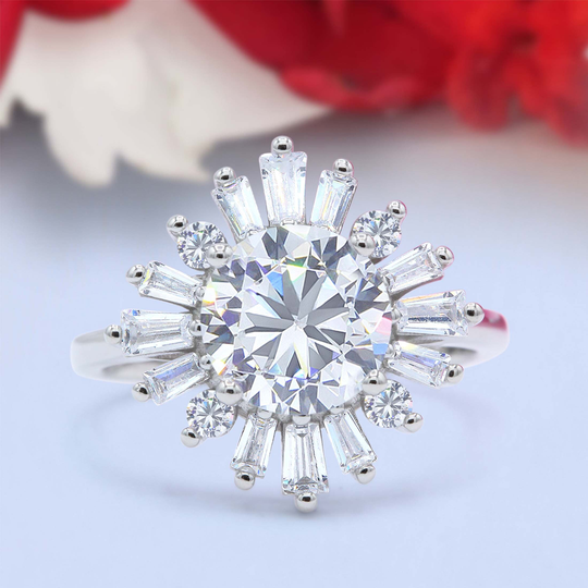 Art Deco Wedding Engagement Bridal Ring Baguette Round Simulated Diamond 925 Sterling Silver