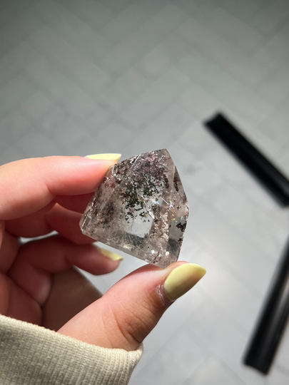 High Quality Polished Garden Quartz Crystal Tower With Squiggle Chlorite & Silver Rutile Inclusions