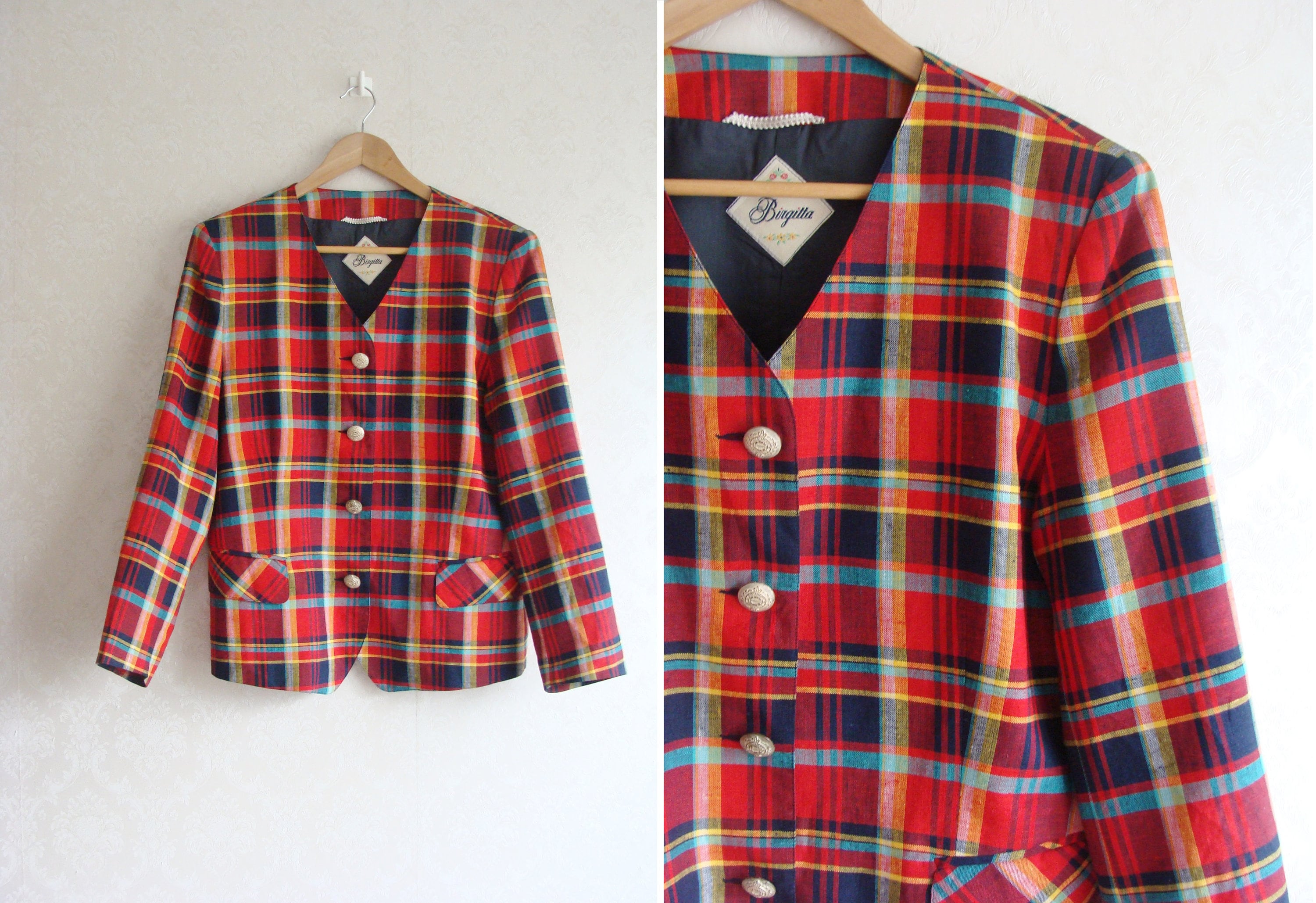 90S Plaid Linen Blend Blazer, Vintage Red Blue Yellow Tartan Jacket, Collarless Preppy College Summer Blazer