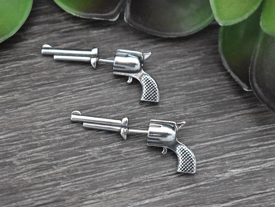 Revolver Earrings, Front Back Gothic Jewelry, Ear Jacket, Pistol Revolver Earrings