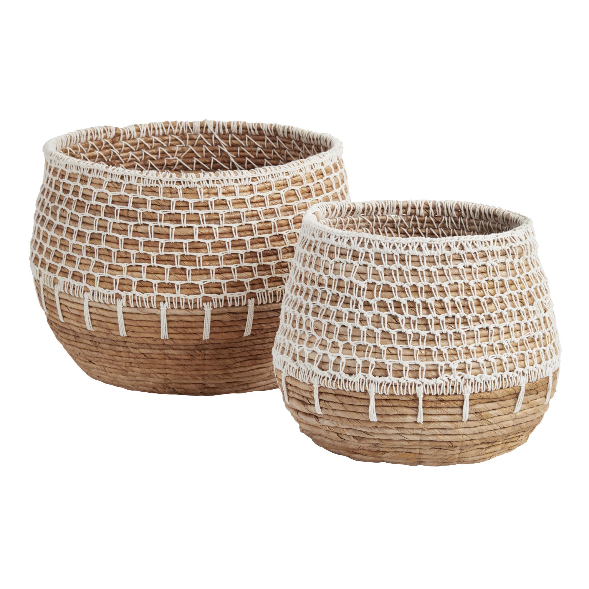 Natural Banana Leaf Harper Basket with White Macrame: Brown/Natural - Small by World Market