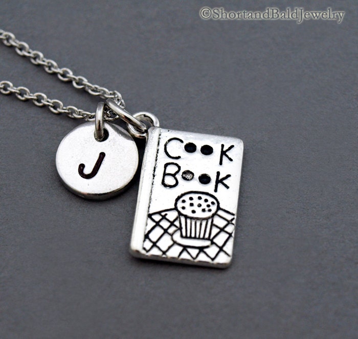 Cookbook Necklace, Cook Book Cookbook Charm, Kitchen, Initial Hand Stamped, Personalized, Antique Silver, Monogram