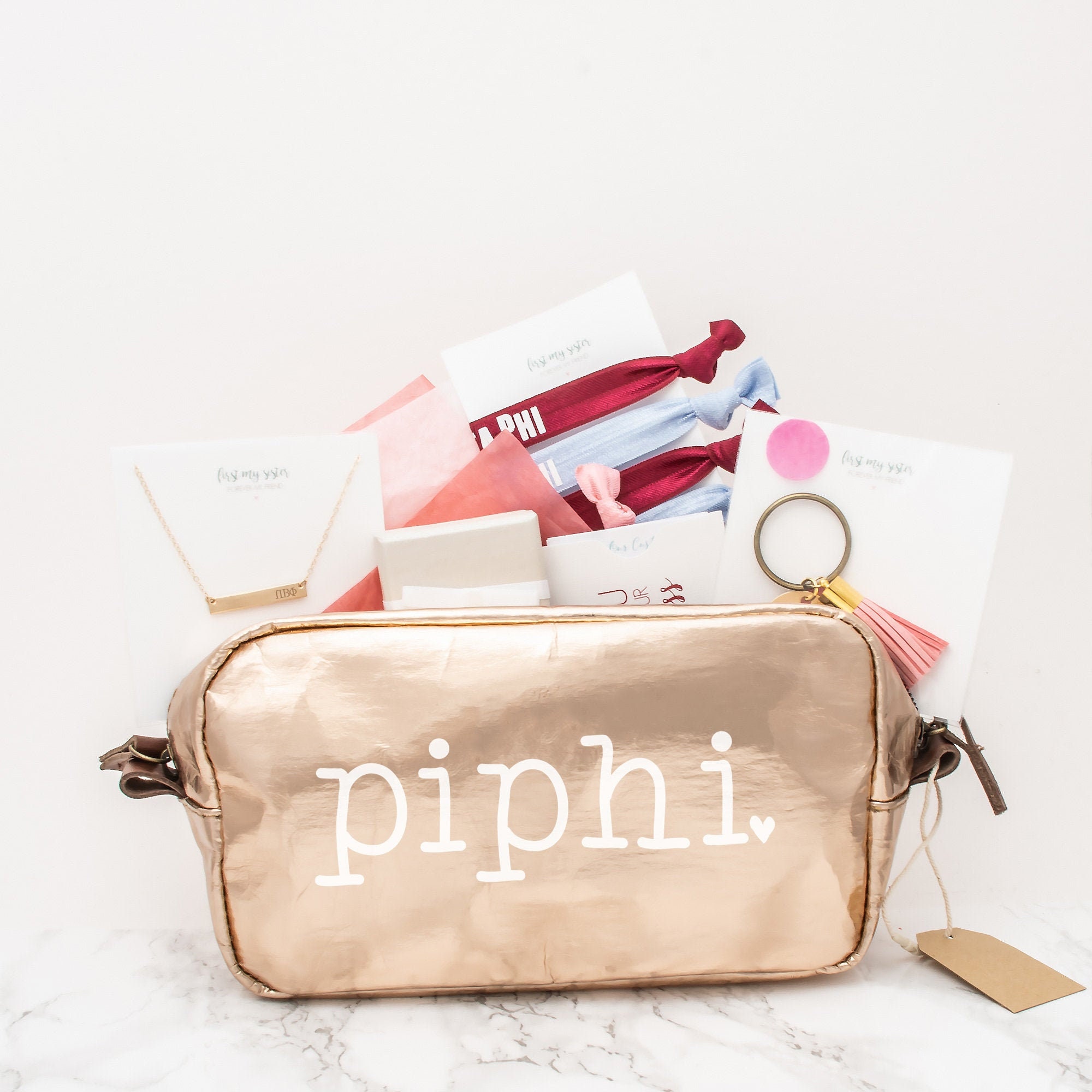Pi Beta Phi Gift Set, Sorority Gifts Bundle, Greek Accessories Pack With Bag, Bar Necklace, Rings, Hair Ties & Keychain