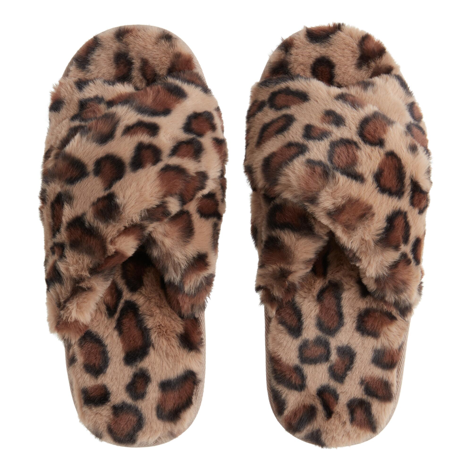 Leopard Print Faux Fur Crossover Slippers: Black/Brown - Polyester by World Market
