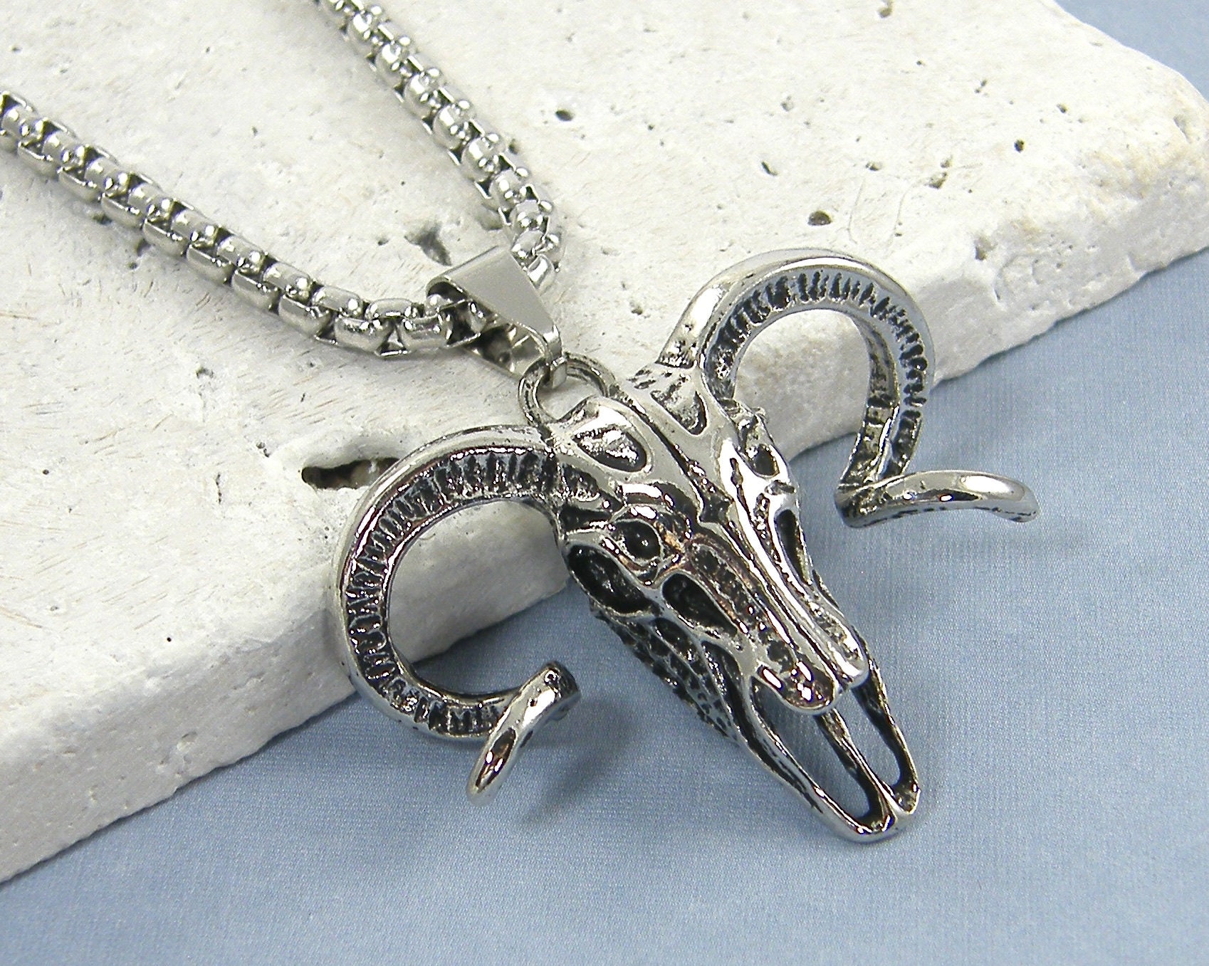 Men's Ram Skull Necklace, Handmade Sheep Head Charm Aries Jewelry, Mens Goat Animal Necklace Curled Horns |Nc3-06