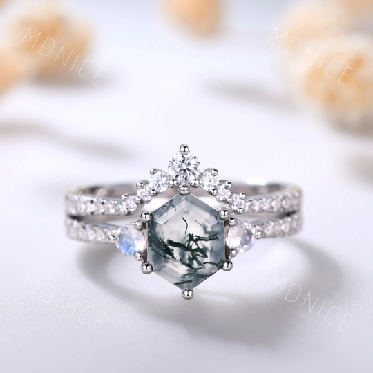 Unique Moss Agate Wedding Ring Set Sterling Silver Vintage Art Deco Moonstone Moissanite For Women Bridal