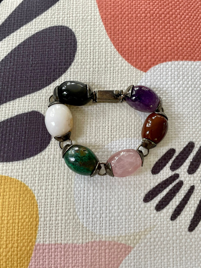 Vintage Santos .925 Sterling Silver Obsidian, Quartz, Chrysocolla, Amethyst, & Jasper 7-1/4" Bracelet