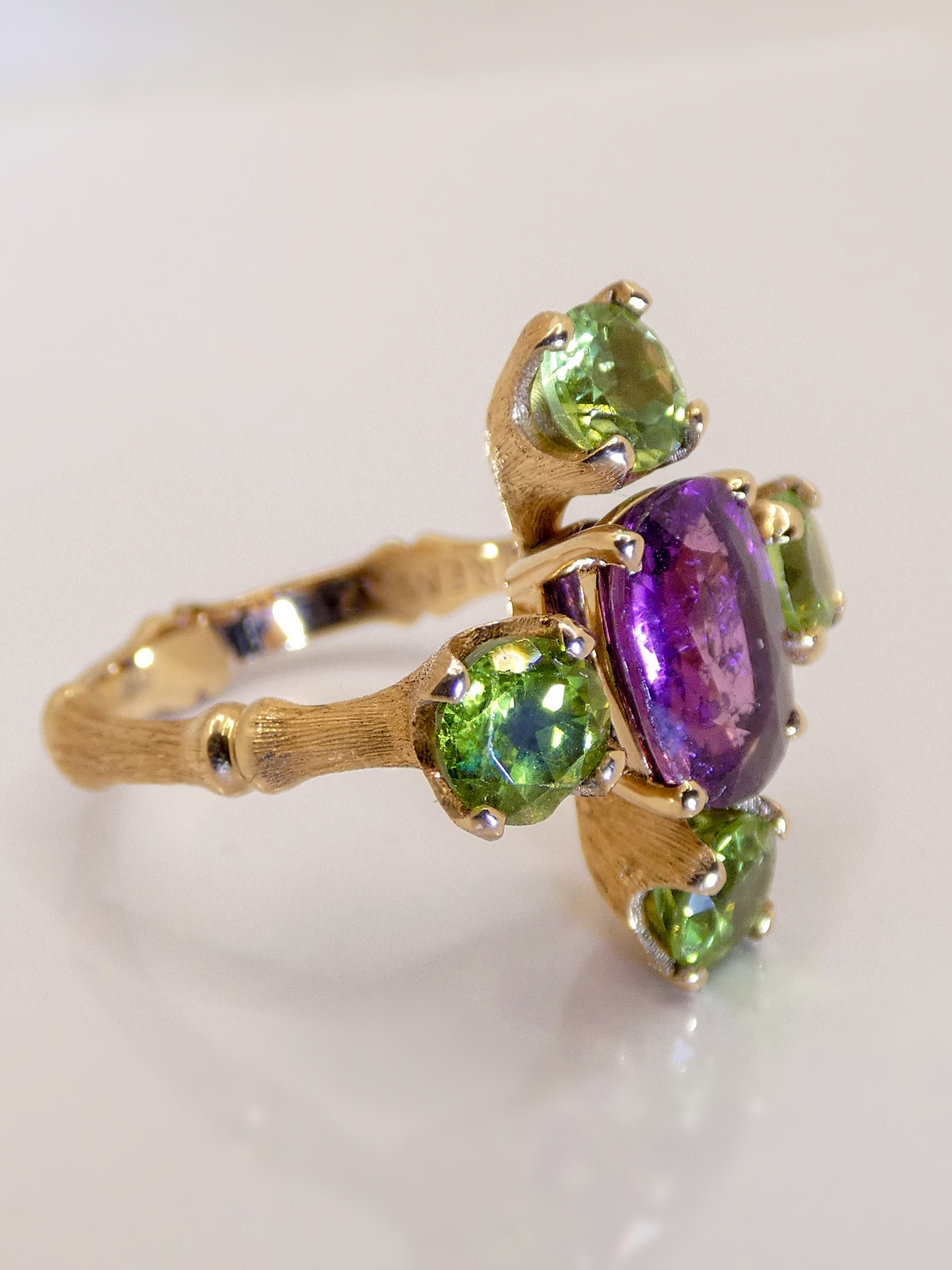 18K Solid Gold Tourmaline Ring Made in Italy. Tormaline & Peridot Rose Ring, Bamboo Cross Naturale Gemstone