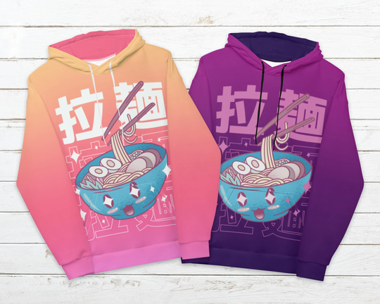 Kawaii Ramen Hoodie Sweatshirt - Japanese Hiragana Characters Retro 80S Aesthetic Pink Or Purple Ombre