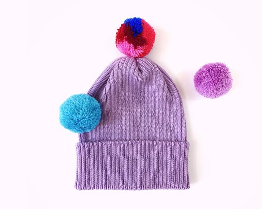 Pick-A-Pom Ribbed Beanie Hat, Merino Wool in Lilac