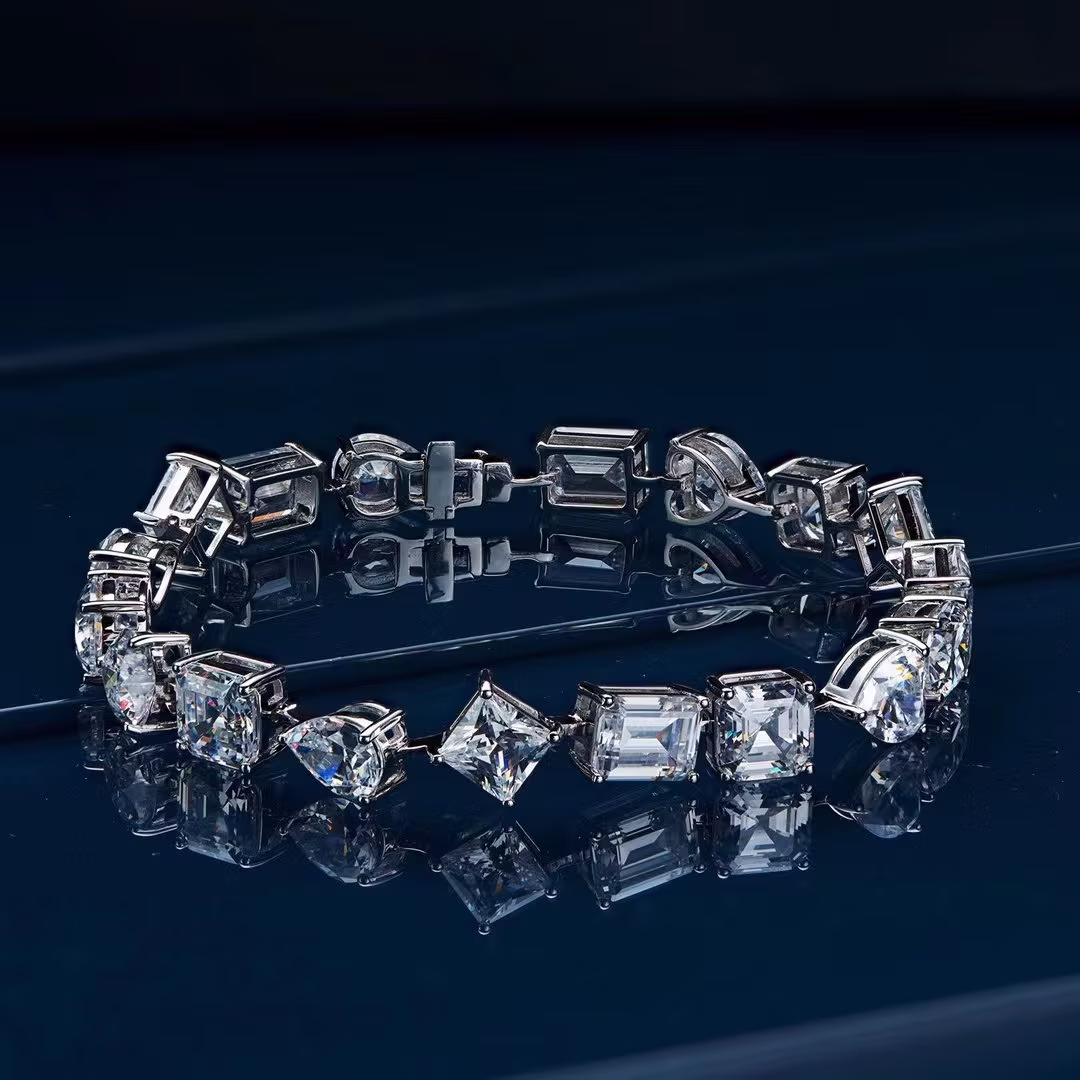 Multi Shape, Brilliant Cut Tennis Bracelet. S925 Silver Plated 18K White Gold Chain. Gift For Her