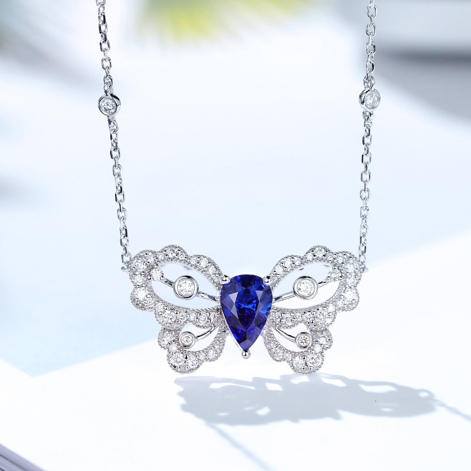 Hx Jewelry | 1.30Ctw Diamond & Sapphire Butterfly Pendant Necklace in Solid 18K Gold/Custom Fine Jewelry/Personalization Design/Gift For Her