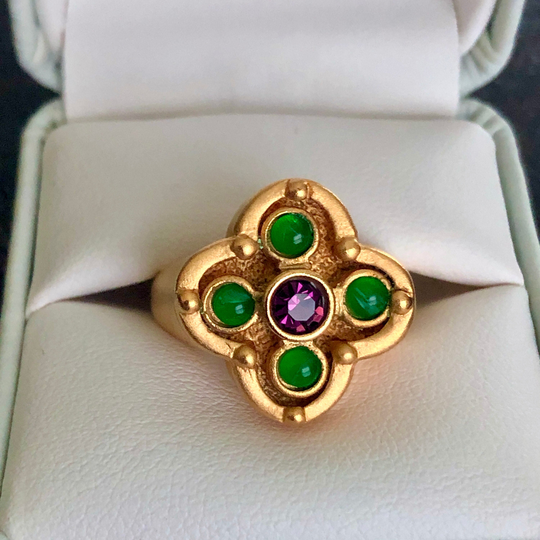 Vintage 14K Gold Filled Etruscan Stylized Cross Ring Jeweled Byzantine Faux Emerald Amethyst Chunky 14K Gf Espo Joseph Esposito Size 9