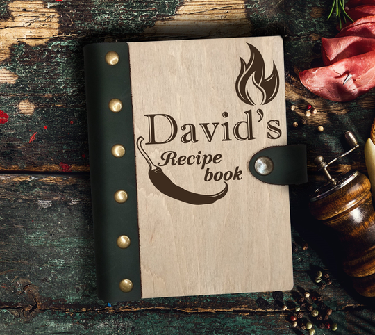 Personalized Wooden Recipe Book, Father's Day Gift, Leather Binder Cook Book Gift For Him, Journal Husband Dad Granddad Custom Logo