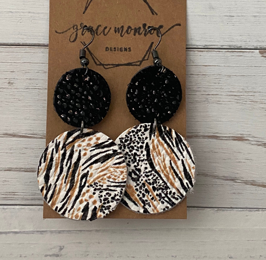 Leopard Frenzy Double Circle Leather Earrings, Cowhide Zebra Stripe Trending Dangles