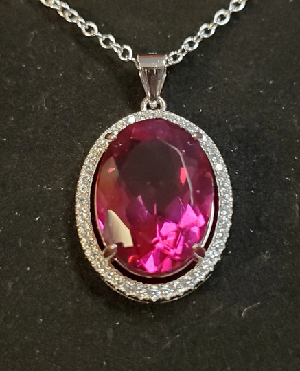 Big Ruby Necklace, See Video For Brilliant Color Synthetic 12x16mm, 925 Sterling Crystal Halo Pendantw/Sterling Silver Chain, Gift Box