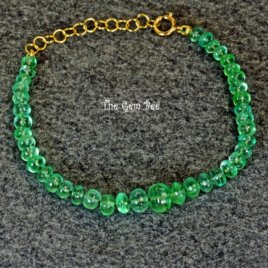 Fine Colombian Emerald Smooth Rondelle 18K Solid Yellow Gold Bracelet 6"-7.2" Adjustable Length