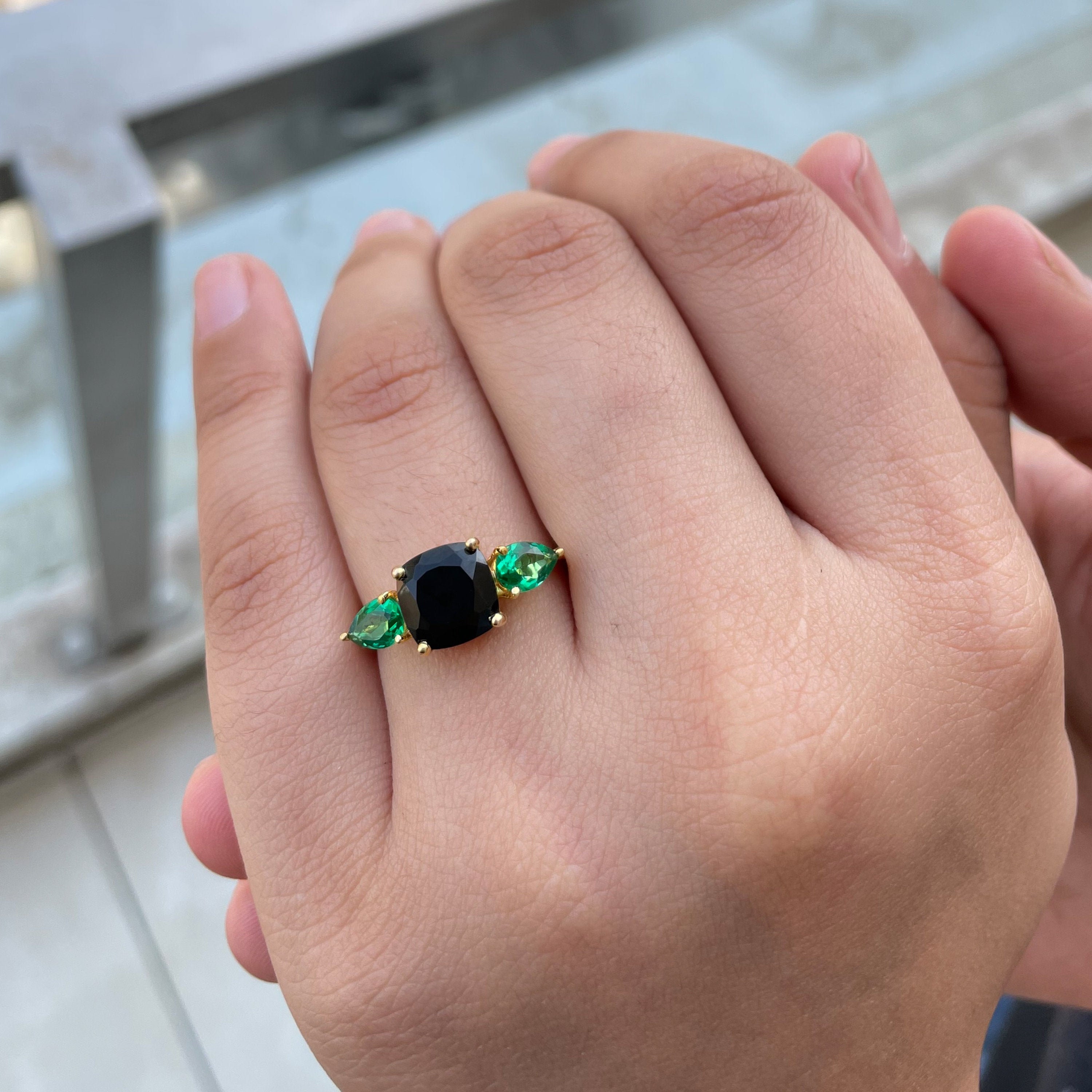 3.5 Ct Three Stone Ring, Created Black Diamond Emerald Ring