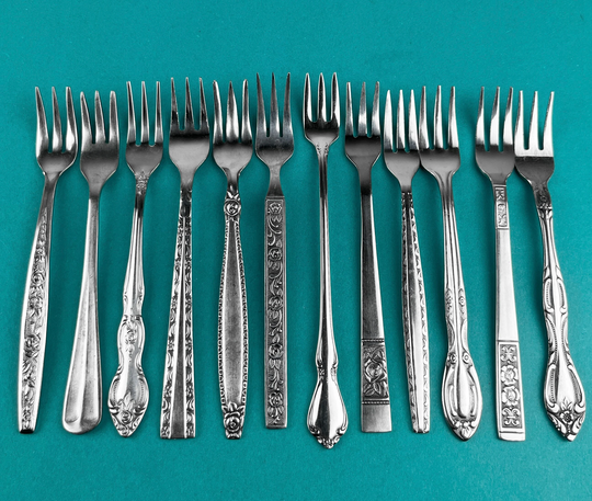 12 Mid Century Seafood Cocktail Forks - Vintage Retro Mix + Match Stainless Set