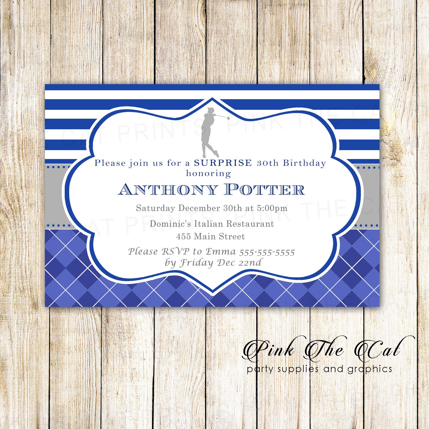 Golf Invitation Adult Birthday Blue Silver Personalized With Your Details, Printable Template