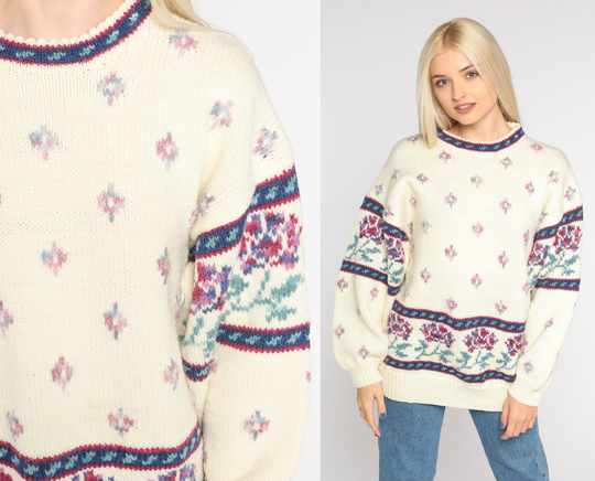 80S Floral Sweater Cream Boho Knit Retro Girly Slouchy Pullover Crewneck Wool Blend Jumper Flower Print Hippie Vintage 1980S Large L