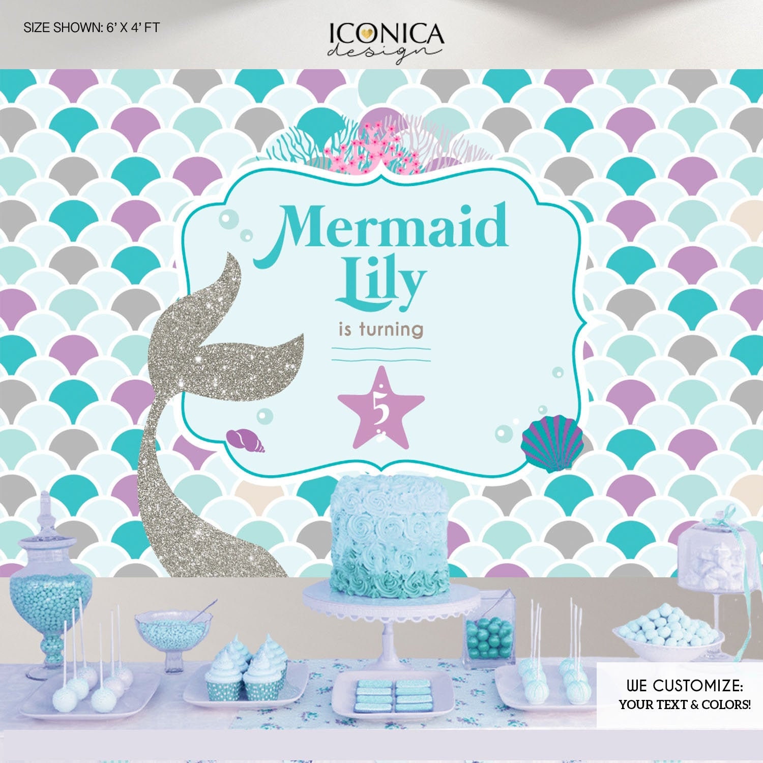 Mermaid Party Backdrop, Under The Sea Party, Banner, Any Age, Silver Purple & Blue , Printed Or Printable Bbd0065