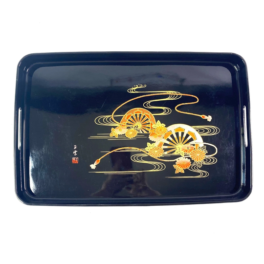 Vintage Japanese Black Lacquer Serving Tray Metallic Water Wheel Painting