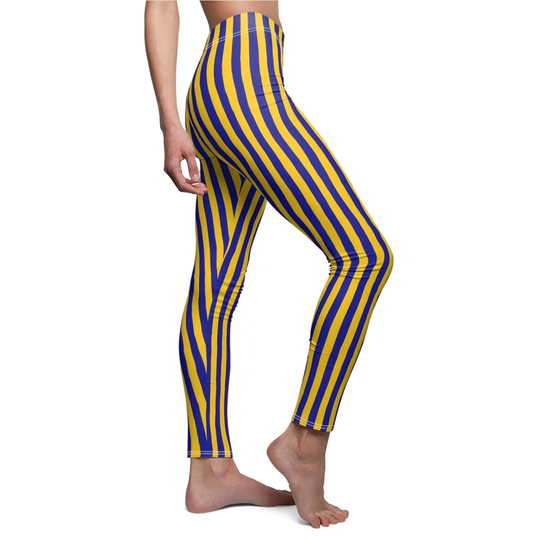 Yellow Blue Striped Leggings, Rams Stripe Stretch Pants, Womens Plus Size Leggings