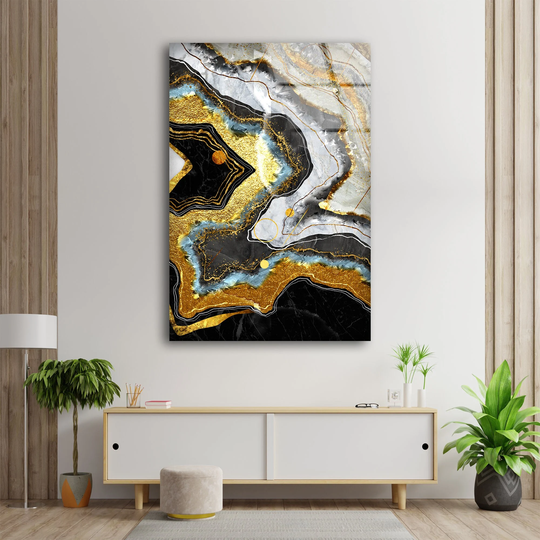 Tempered Glass Wall Art-Valentines Gift-Glass Printing-Large Art-Wall Hangings-Gold Black Abstract Art