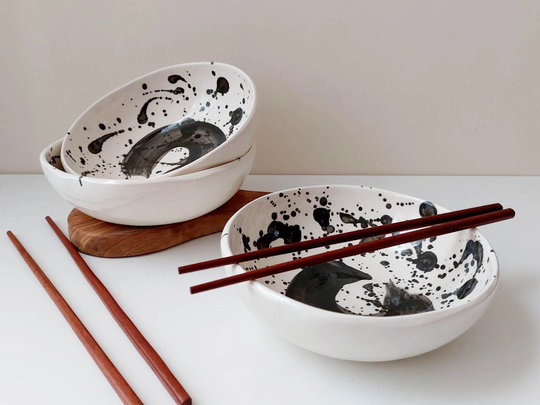 Large Wide Handmade Ceramic Bowl, Pottery Noodle Black & White Ceramics